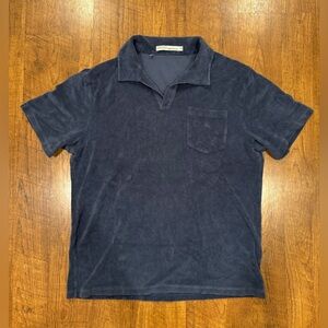 Criquet Terry Cloth Short Sleeve Polo Shirt Men L Navy Blue Johnny Collar